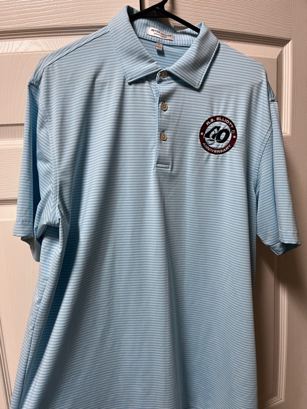 Peter Millar Sky Blue White Pinstripe Polo with Anniversary Patch. Large - Picture 5 of 7